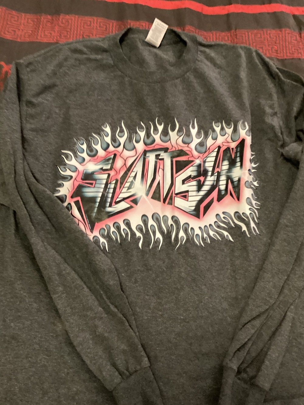 Long Sleeve Graphic Tee - Charcoal with Pink & White Flame Print